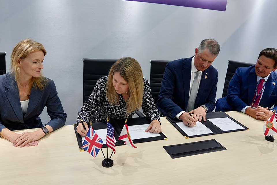 From left: Space Minister Liz Lloyd, Rebecca Evernden, Director of the UK Space Agency, Space Florida President and CEO Rob Long and Florida Governor Ron DeSantis.