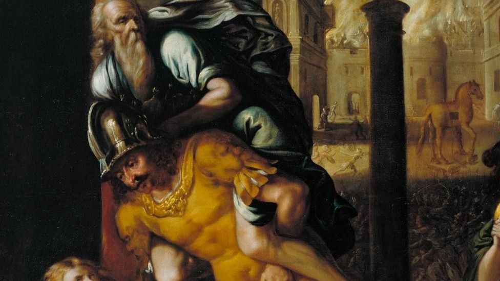 Aeneas and his Family Fleeing Burning Troy