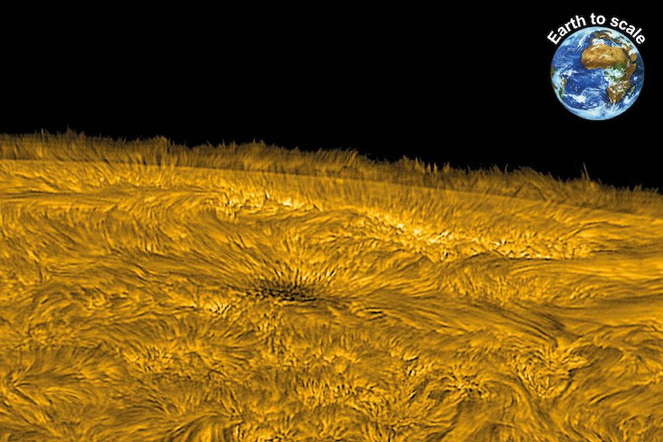 A high resolution snapshot of the edge of the Sun, where narrow straw-like features seen extending upwards from the limb are believed to carry vast quantities of energy outwards into interplanetary space. Image provided by David Jess (QUB) and William Bate (QUB)