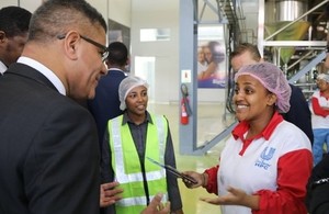 Alok Sharma with Unilever factory workers Bethlehem Tesfaye and Mieraf Tesfaye during his visit to Ethiopia. Picture: Anna Dubuis/DFID