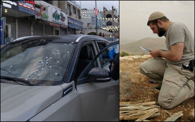As this meeting was finishing up, a car [seen here] with bullet holes at an intersection in the Judea and Samarian town of Huwara following a terrorist attack on March 19, 2023. Right: US-Israeli David Stern, a former US Marine, who was seriously wounded and managed to fire back. (Israel Defense Forces; courtesy)