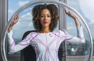 Model Sarah Lamptey wearing clothing made by tech fashion firm CuteCircuit, previous Innovate UK grant awardees