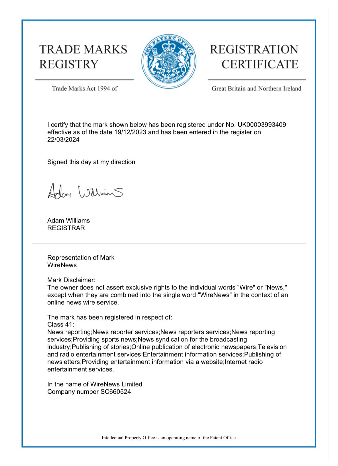 WireNews Trademark Registered
